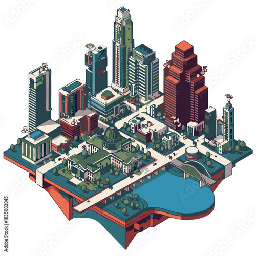 Colorful isometric illustration showcasing a cityscape with various buildings, roads, and water. The flat, vector style and vibrant palette makes it suitable for technology, travel, or business-relate