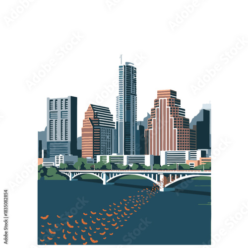 Vector illustration of the Austin, Texas, skyline at dusk, featuring the landmark Congress Avenue Bridge with its famous bat colony taking flight. The modern, graphic style is ideal for travel promoti