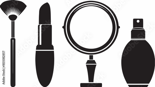 Illustration of makeup brush, lipstick, mirror, and perfume bottle in black and white style