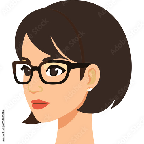 Pixelated portrait of a woman with short brown hair wearing black framed glasses and a brown headband and a black earring against a black background, close up profile view, digital art style