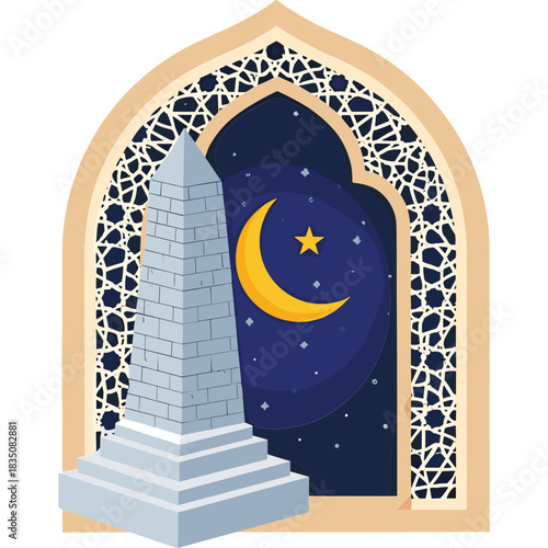 Pixelated Monument Silhouette Through Ornate Archway at Night Under a Crescent Moon and Starry Sky