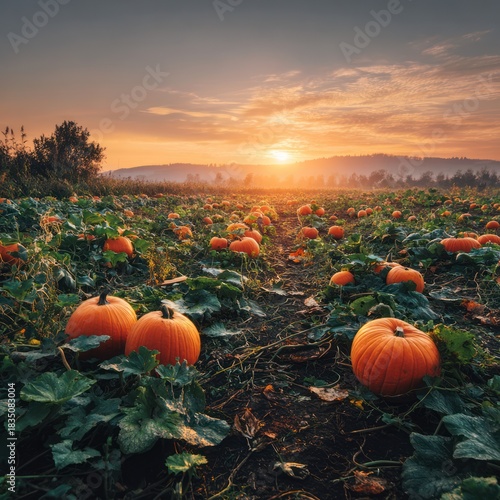 Orange Pumpkins Growing in Field at Warm Sunrise, Autumn Harvest
