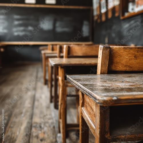 Vintage Wooden School Desks in a Dark Classroom
