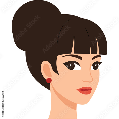 Portrait of a woman with dark hair styled in a bun with bangs wearing a red earring a neutral expression and dark eyes against a black background