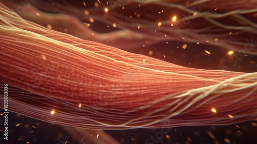 Detailed microscopic view of muscle fibers and connective tissue with glowing energy particles.