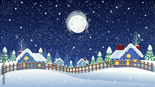 Illustration of a winter scene with houses, snow, moon, and trees under a starry night sky view