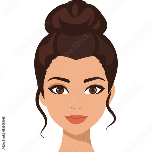 Portrait of a woman with her dark brown hair in a bun featuring brown eyes and coral lips against a black background showcasing makeup and a smooth complexion