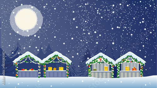 Illustration of a christmas market with stalls under a starry night sky and a bright full moon above