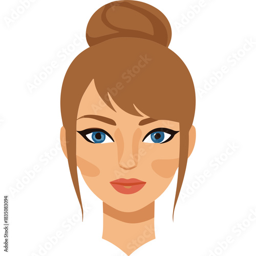 Portrait of a woman with her hair in a bun and blue eyes red lips and peachy cheeks with clear skin against a black background wearing a black top.