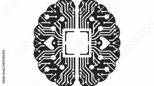 Stylized brain illustration with circuit board pattern and central processor square design element