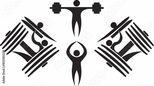 Stylized weightlifting figures arranged symmetrically around a central weightlifter image