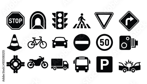 Set of road signs and traffic elements vector illustration for driving safety