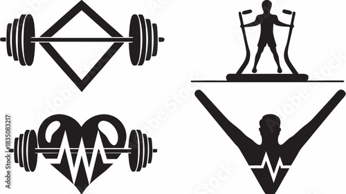 Four fitness icons featuring weightlifting equipment and exercise poses in black and white color scheme