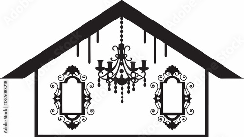 Silhouette of a house interior with a chandelier and two ornate frames symmetrically placed nicely