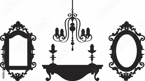 Silhouette of ornate mirrors, a chandelier, and a table with candlesticks in a vintage style