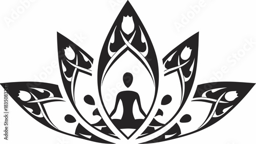 Black and white lotus flower design with a person meditating in a seated position in the center area