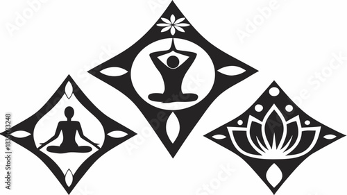 Three diamond shaped yoga poses and lotus flower in black and white design illustration art