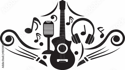 Acoustic guitar microphone and headphones with musical notes in black and white illustration style