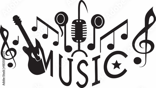 Illustration of music themed design with guitar microphone musical notes and treble clef elements