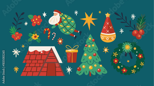 Festive holiday illustration featuring santa claus, christmas tree, and decorative elements on teal background