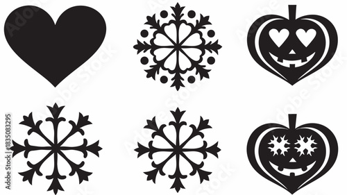 Black and white vector image featuring heart shapes snowflakes and pumpkin faces in a simple design