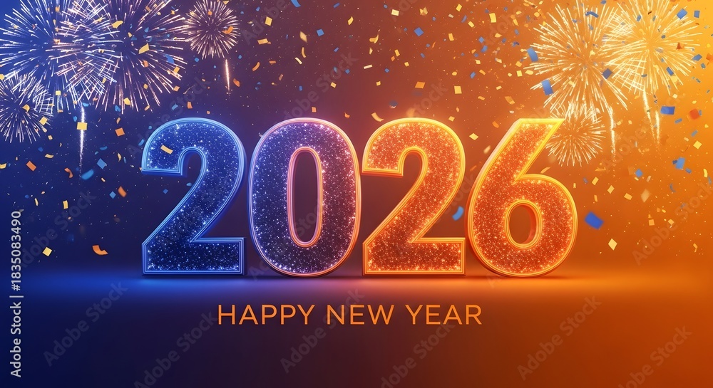 Naklejka premium Bright neon 2026 happy new year fireworks celebration