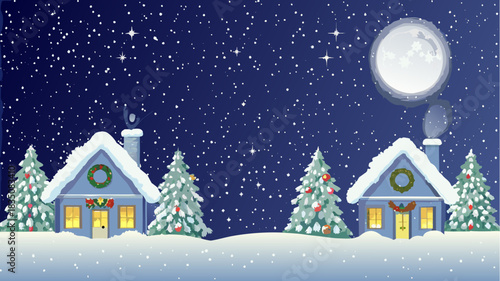 A winter night scene with snow covered houses christmas trees and a bright full moon in the sky above