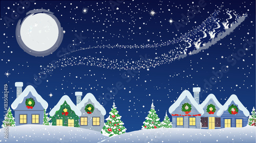 Christmas night scene with santa's sleigh flying over snow covered houses under a starry sky and moon