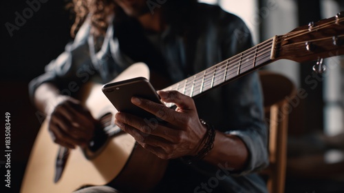 Person Playing Acoustic Guitar While Using Smartphone in Dark Room