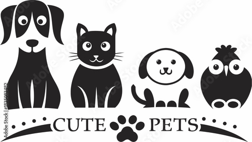Illustration of a dog, cat, puppy, and owl with the words cute pets and a paw print below them