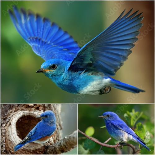 Vibrant Blue Bird Flying and Perched in Natural Habitat Collage