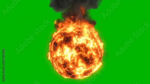 Epic fireball explosion visual effect growing dynamically on green screen background
