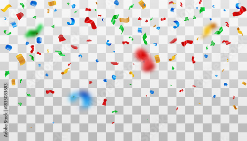 3D Colorful falling confetti on transparent background with blurred effect. Holiday celebration concept for party, event, festival banner. Vector illustration