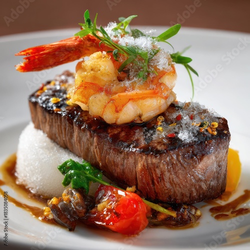 Grilled Steak Topped with Shrimp on White Plate Close-up