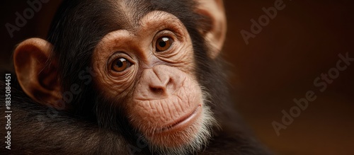 Cute Chimpanzee Portrait with Brown Eyes Looking Forward on Dark Background