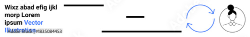 Workflow, communication, process modeling, teamwork, flowchart, conceptual business design. Black lines form a network with blue circular arrows and a womans icon. Workflow and communication concept
