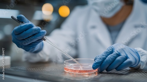 A researcher using a sterile inoculation loop to streak bacteria across an agar plate, gloved hands steady under a laminar flow hood — aseptic technique, controlled lab environment, and