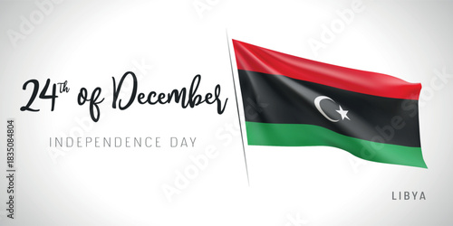 Libya independence day vector banner, greeting card. Libyan wavy flag in 24th of December patriotic holiday horizontal design with realistic flag