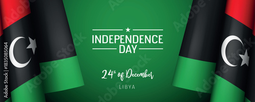 Libya independence day vector banner, greeting card. Libyan wavy flag in 24th of December national patriotic holiday horizontal design