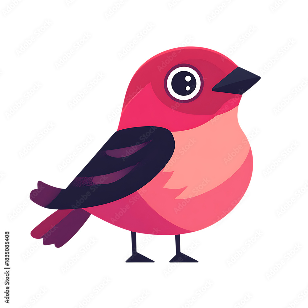 Fototapeta premium Cute cartoon rosy red bird with big eyes and dark wings isolated on transparent background