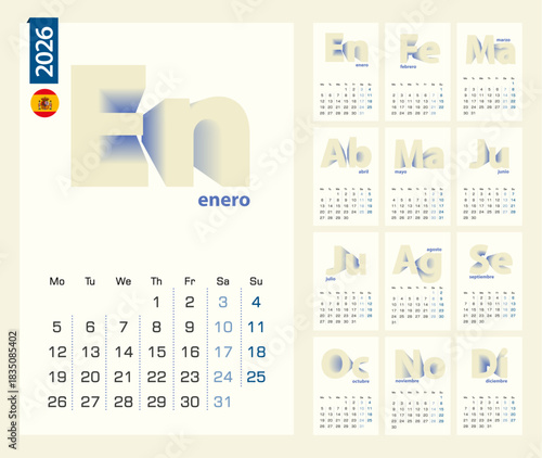 Calendar 2026 template in Spanish language, minimalist calendar set for 2026 year.