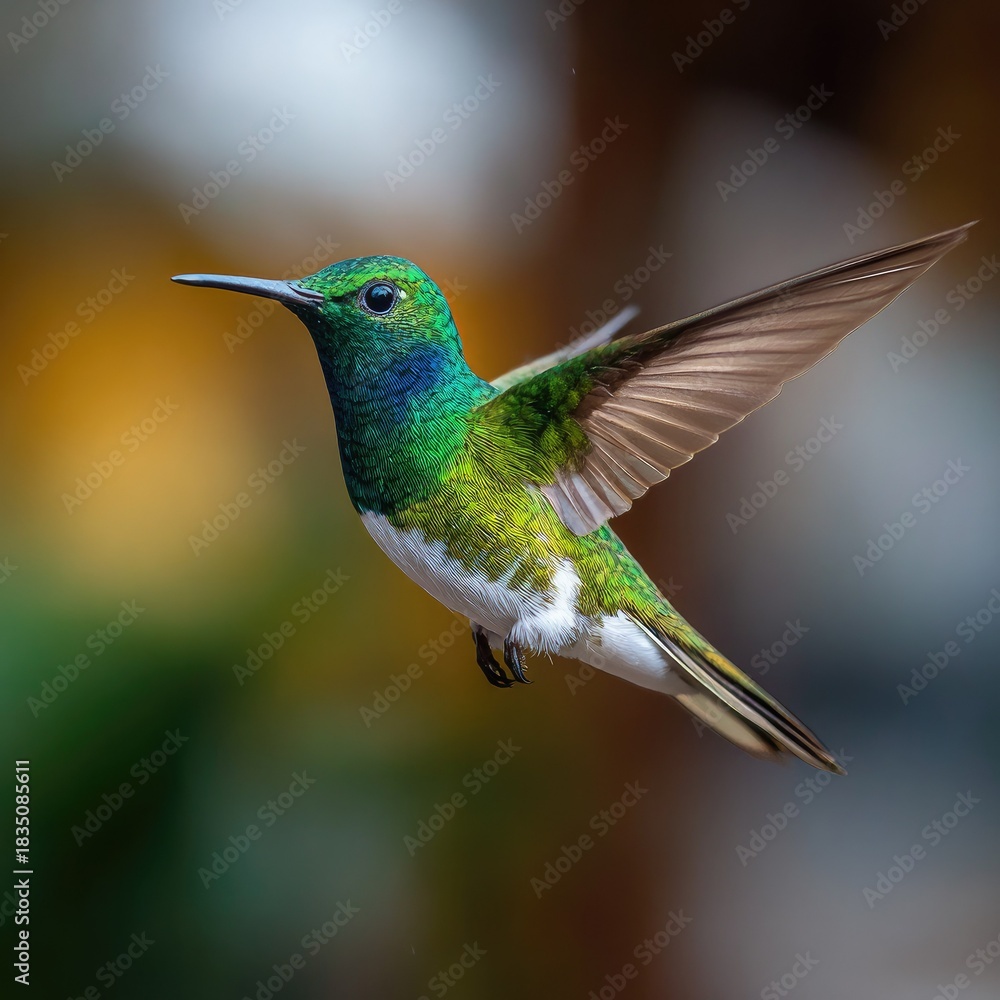 Fototapeta premium Vibrant Green Hummingbird Flying with Open Wings in Natural Light