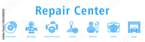 Repair Center web banner icon vector illustration with icons of Brake Repair, Body Repair, Engine Performance, Gearbox, Mechanic, Toolbox and Garage.