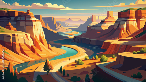 Very beautiful desert trails wind through rugged canyons and sunlit cliffs, offering hikers peaceful views of wide open landscapes, winding riverbanks, and dramatic geological formations beneath the 