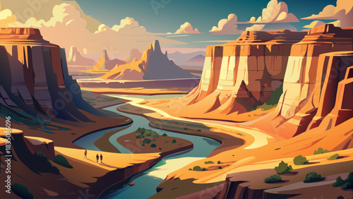 Very beautiful desert trails wind through rugged canyons and sunlit cliffs, offering hikers peaceful views of wide open landscapes, winding riverbanks, and dramatic geological formations beneath the