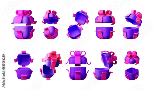 Purple 3D gift boxes with pink bows in various open and closed states, isolated on white background. Celebration and surprise concept. Vector illustration
