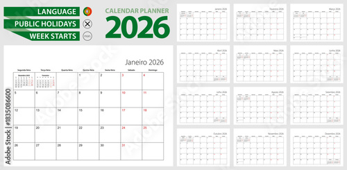 Portuguese calendar planner for 2026. Portuguese language, week starts from Monday.