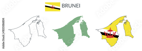 Brunei geographical borders isolated on white background. Flag of Brunei. Vector flat cliparts.