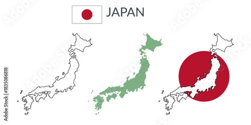 Japan geographical borders isolated on white background. Flag of Japan. Vector flat cliparts.