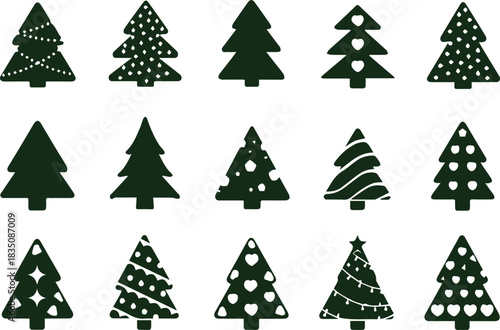 Christmas tree silhouette icons elegant festive drawing clip art collection in white background for xmas season pine tree flat icon set